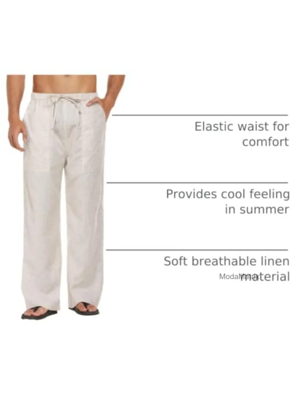 Men Linen Casual Pants Elastic Waist Drawstring Straight Leg Summer Beach